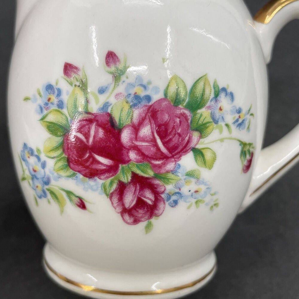 Porcelain Creamer Pink Roses Gold Trim Bone China Japan E Backstamp 4" Vintage - Picture 8 of 11